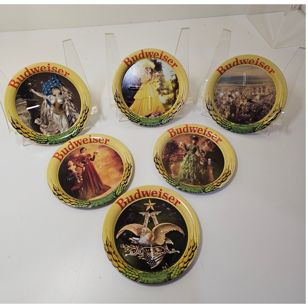 Budweiser Beer Coasters Set of 6 Vintage Collectible Metal‎ Round Images